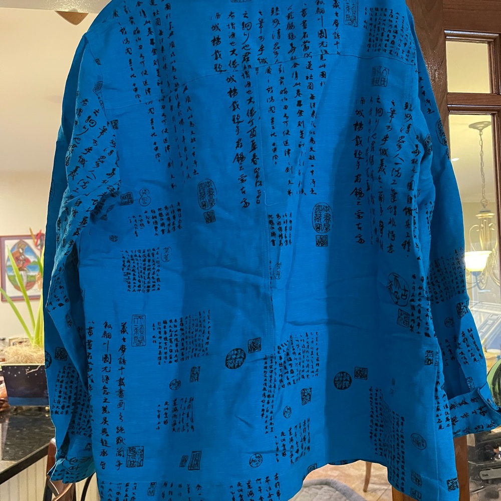 Chico's Turquoise Blue Script-Print Button-Front Jean Jacket - Picture 3 of 7